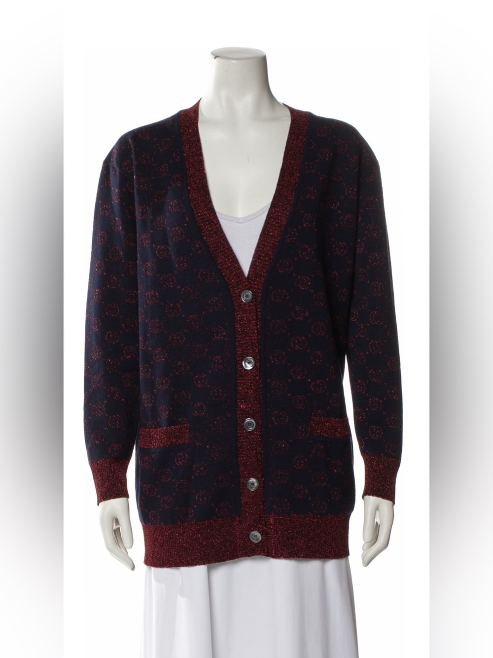 Gucci Navy Cardigan with Burgundy Metallic Trim